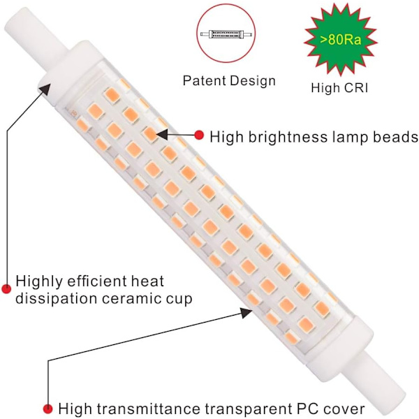 R7S LED 118mm 10W R7s Lineær LED-pære Varm Hvid 3000K Pakke med 2