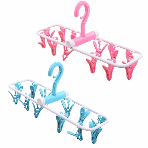 2 Pack Travel Foldable Hanging Drying Rack 12 Clips (Pink+Blue)