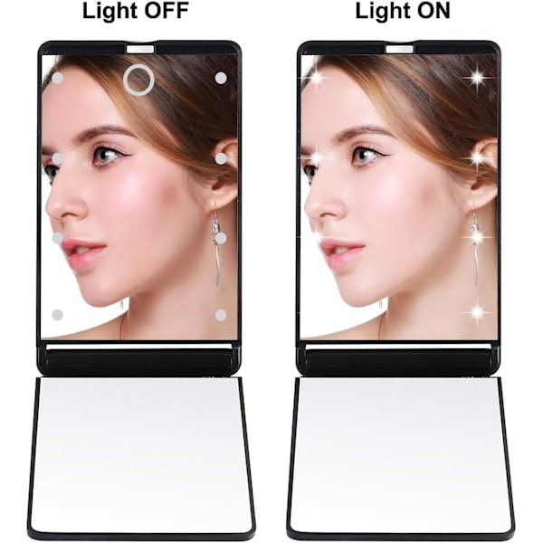 Bärbar LED-upplyst sminkspiegel med 8 dimbara LED-lampor, Touch-switch rese-sminkspiegel, Vikbar kompakt spegel 1X & 2X förstoring