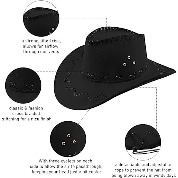 Cowboyhat i Svedeskind - Bredbremmet Western Felt Cowboyhat til Mænd og Kvinder, Sort
