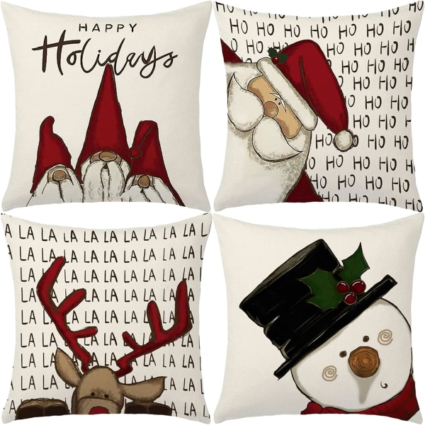 Julkuddeöverdrag 45 x 45 cm, Set med 4 Kuddfodral, Fint Linne Kuddfodral, Jul, Juldekoration för Vardagsrum, Sovrum
