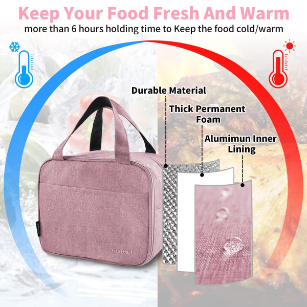 Isoleret madpakke, lille kølestoftaske med lynlås Dobbeltlags lækagesikker vandtæt jakkesæt til voksne børn Work Picnic og rejser (Pink)