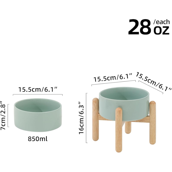 Keramisk Forhøjet Hundebolle med Stativ til Mellemstore og Store Racer Hundefoder og Vandskål (Enkel Skål med Stativ - Lysegrøn, 15,5 cm)