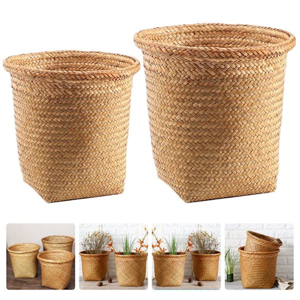 2 stk Rattan søppelbøtte Seagrass oppbevaringskurv Straw vevd rund søppelbøtte Flettverk søppelbøtte Papiravfall beholder Tøykurv for hjemmet Kontor