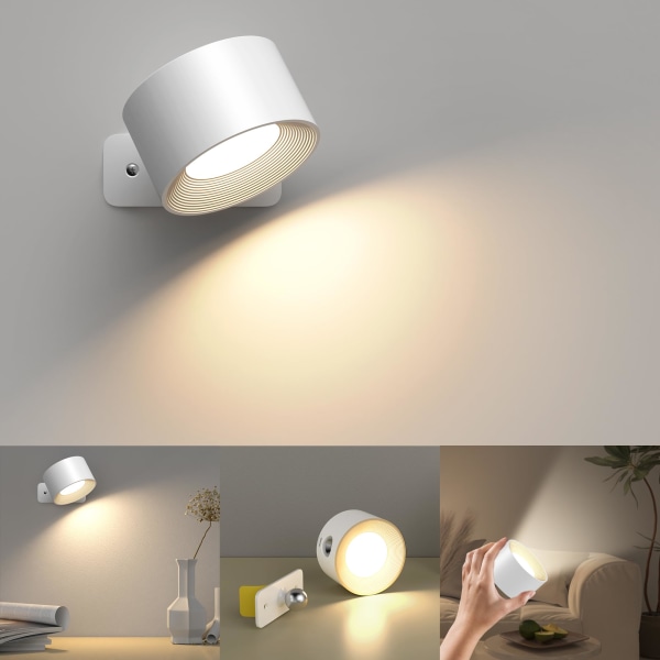 Indendørs væglampe, væglampe med USB-opladning, 3 farver og 3 niveauer LED indendørs 360° Roterbar Touch Control trådløse væglamper