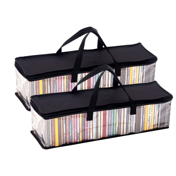 CD-opbevaringspose (2-pak), bærbar gennemsigtig PVC-medieopbevaring, vandafvisende CD-holderetui med håndtag, plastikbærepose til albums/spil