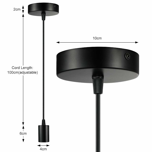 Metallinen riippuvalaisin, E27-lampunpidike kaapelilla, 100 cm heilurikaapeli, riippukaapeli, ihanteellinen kattovalaisimeksi, musta