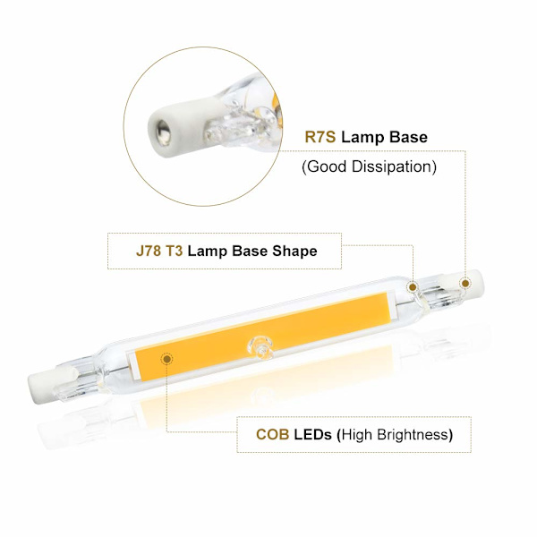 5W R7S 78MM J78 COB Filament LED-pære (2 stk., varm hvid 2700K)
