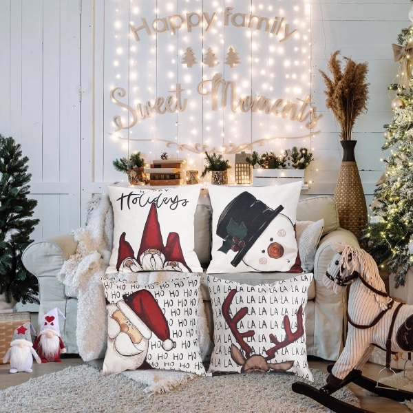 Julkuddeöverdrag 45 x 45 cm, Set med 4 Kuddfodral, Fint Linne Kuddfodral, Jul, Juldekoration för Vardagsrum, Sovrum