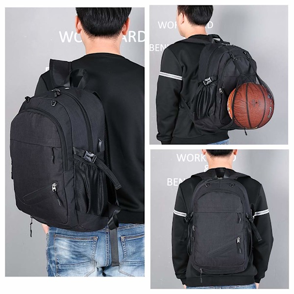 Basketball Ryggsekk med Ballnett, 15.6 Tommers Laptop Ryggsekk, Ryggsekk med Ballnett, Basketballveske Black