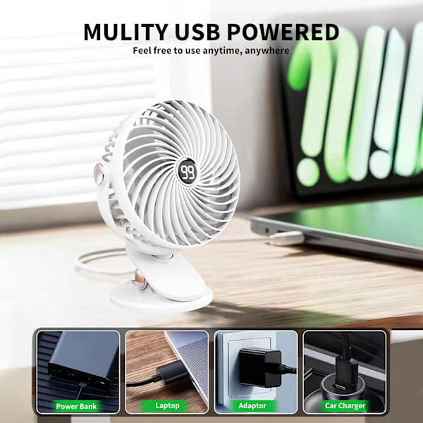 Pöytätuuletin, hiljainen USB-tuuletin klipsillä, 6000mAh kannettava mini pieni tuuletin, LED-näyttö, 5 nopeutta 720° pyöritys, pöytätuuletin toimistoon kotiin retkeilyyn