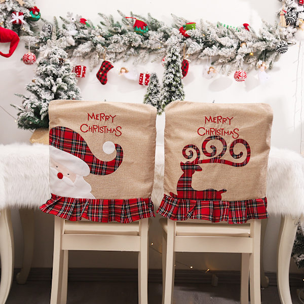 3 st julstolar överdrag linne 20,5x18,9'', tomte och hjort