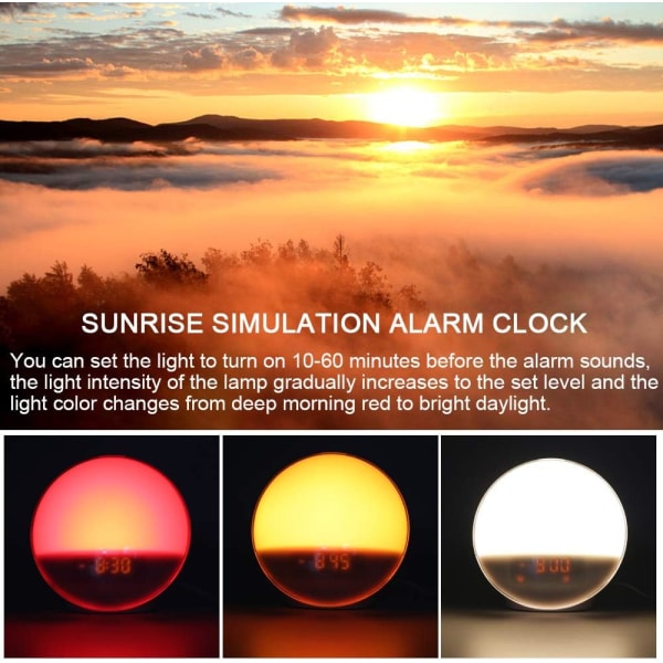 Solopgang Alarmure, Vågn Op Lys med Solopgang/Solnedgang Simulation Dobbelt Alarm Natlampe Ved Sengen Snooze Funktion FM Radio