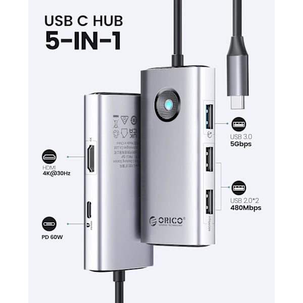 5-i-1 Dockingstation med 4K HDMI, 60W Power Delivery, USB C 3.0 5Gbps og 2 USB 2.0 Dataporte til MacBook Air/Pro, XPS og Mere (Grå)