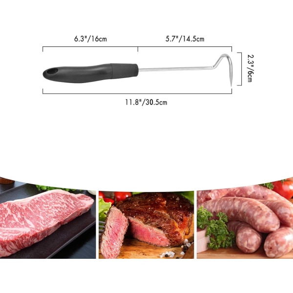 12-tommers matflipper i rustfritt stål, grillspatel med krok for å snu bacon, biff, kjøtt, grønnsaker, pølser, fisk og mer