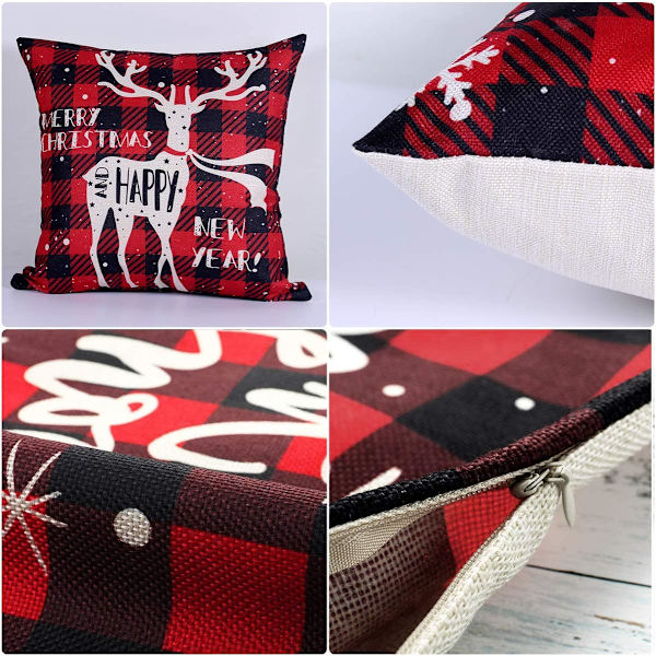 Jul Kuddfodral Set om 4, Linne Juldesign Kuddfodral Jul Kvadratisk Kuddfodral för Hem Juldekoration