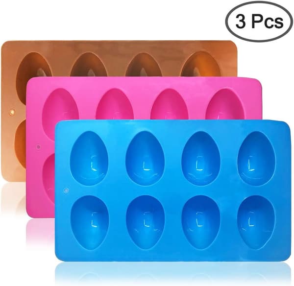 3 stk. eggformede silikonformer, 8 hulrom bakeformer for sjokolade, kake, muffins, brød, rosa, blå, brun