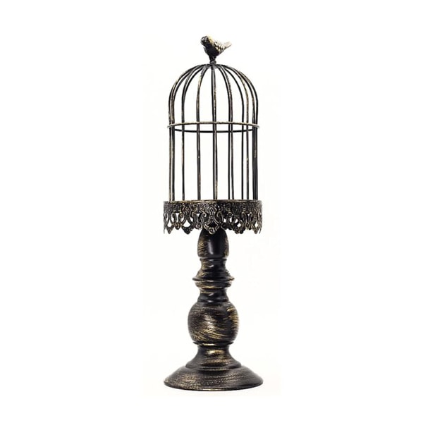 Vintage veistetty metallinen lintuhäkki kynttilänjalka lintuhäkin yläosassa