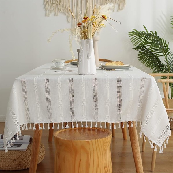 Fyrkantig Fläckresistent Duk Linne Bomull Tofs Broderi Duk för Soffbord Kontorsdekoration (Vit, 140 x 180 cm)