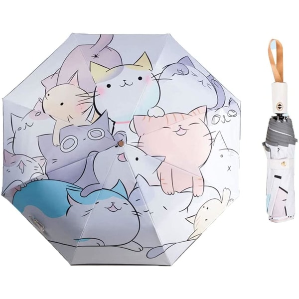 Børn foldeparaply Automatisk paraply med kat tegneserie Stærk vindtæt og UV-bestandig rejseparaply Kompakte paraplyer til piger og drenge
