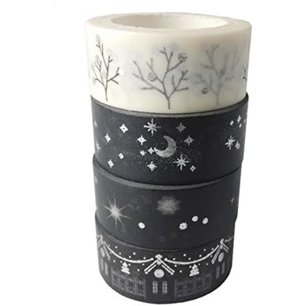 Juledekorative Washi-tapes, sæt med 4 sølv