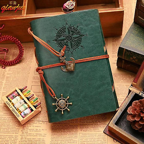 Vintage Retro PU Læderomslag Notesbog Journal Dagbog, Nautisk Spiral Tom Streng Daglig Notesblok Rejse til at Skrive i, Kraftpapir, Retro Vedhæng Dark green