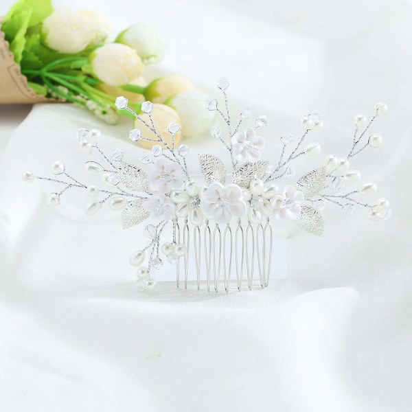 Bryllupshodeplagg i krystall-blomst bryllup hår kam-perler hårtilbehør for kvinner og jenter (sølv)