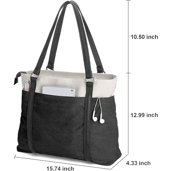 Lättviktig Canvas Laptopväska för Dam, 15,7 Tum Black