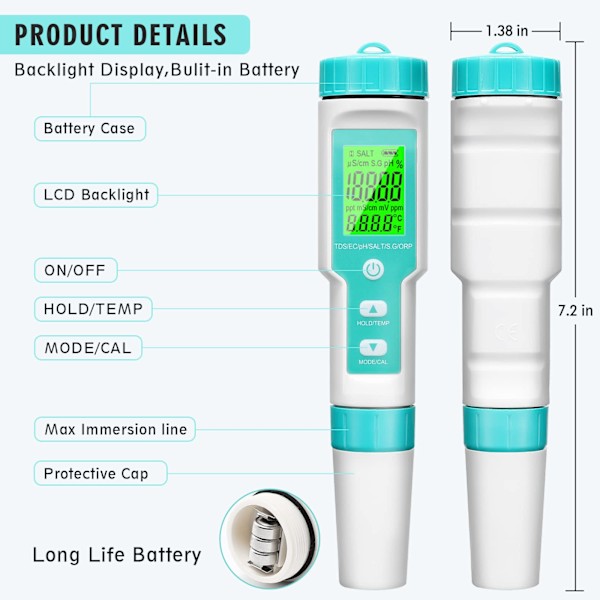 Digital PH-mätare, 7 i 1 PH/TDS/EC/ORP/S.G/Salinitet/Temp-mätare