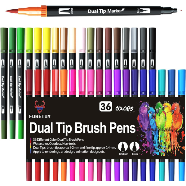 36 farver filtpennesæt Dobbelt penselpenne Kunstmarkører til børn Voksne Farvelægning, finliner og penselspidser