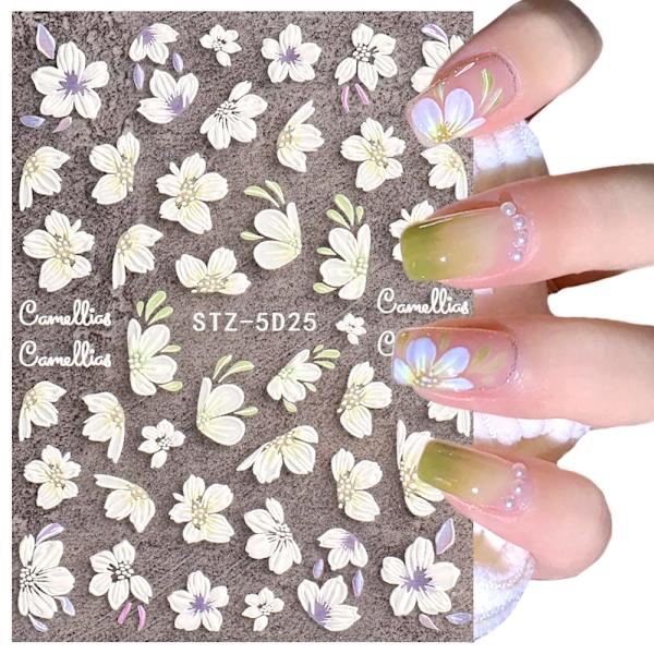 5D Präglade Vårblommor Nagelkonst Stickers Dekaler 4 Ark