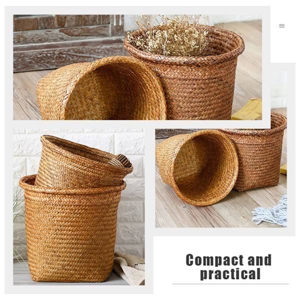 2 stk Rattan søppelbøtte Seagrass oppbevaringskurv Straw vevd rund søppelbøtte Flettverk søppelbøtte Papiravfall beholder Tøykurv for hjemmet Kontor
