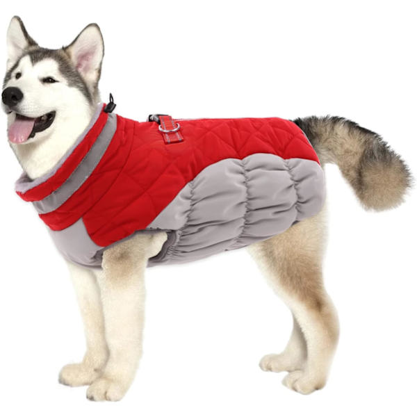 Vattentät Hund Varm Jacka för Små, Mellanstora och Stora Hundar, Reflekterande Husdjur Kalla Väder Kläder Vindtät Valp Fleecefodrad Väst med Sele, XL Red XL
