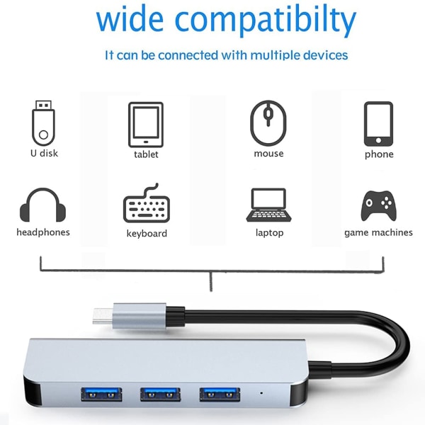 USB C Hub USB 3.0 Slim Aluminiumskal Typ C till 4-Port Kompatibel med MacBook Air, Mac Pro/Mini, iMac, XPS, PS5, Xbox One, Flash Drive, Mobil HDD