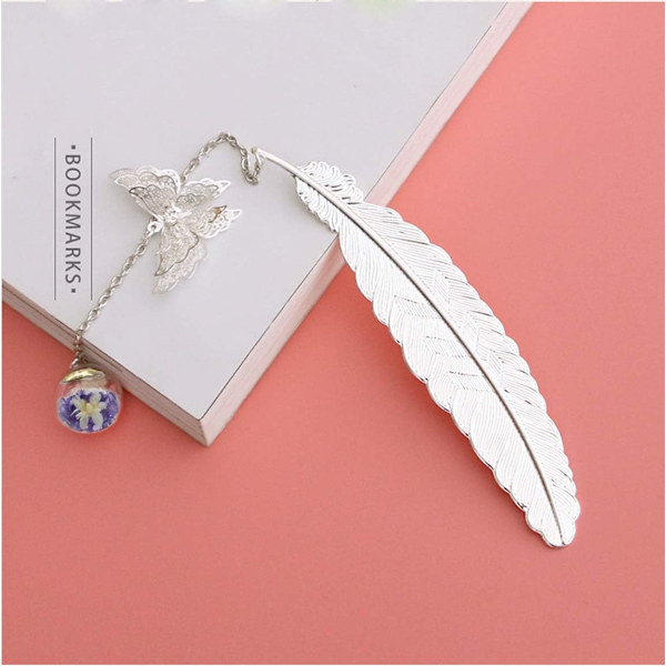 Metal Butterfly Feather Bookmark Gift-Silver.purple White Flower