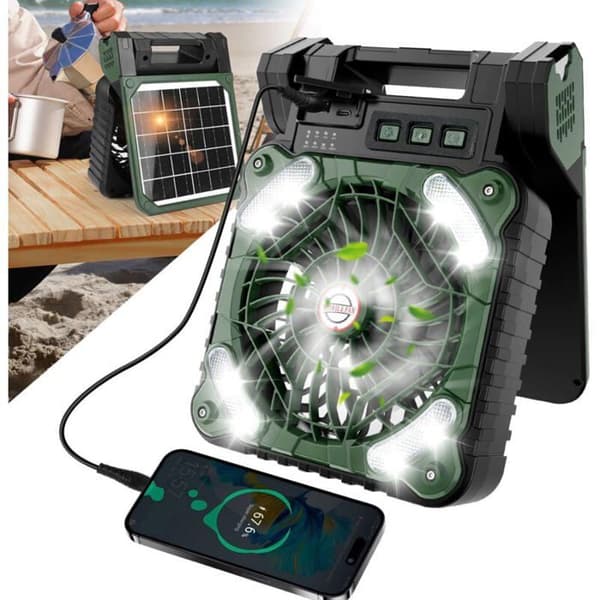 Oppladbar solcellevifte 5200 mAh Timer og 4 hastigheter, ideell for camping