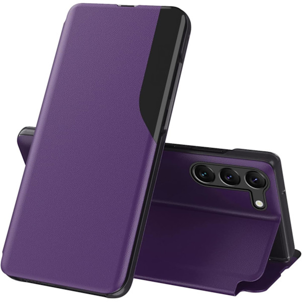 Transparent Fönsterfodral med Magnetisk Stängning PC + PU Läder Bokstil Flip Ställfunktion Stötsäkert Skyddsfodral för Samsung S23 purple S23