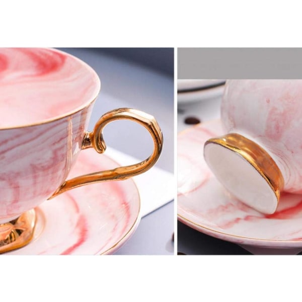 Marmor Keramisk Kop og Underkop Sæt Kamelia Mønstret Bone China Kaffe Kops Te Kop Guld Trim med Kaffe Kop, 200ml (Pink)