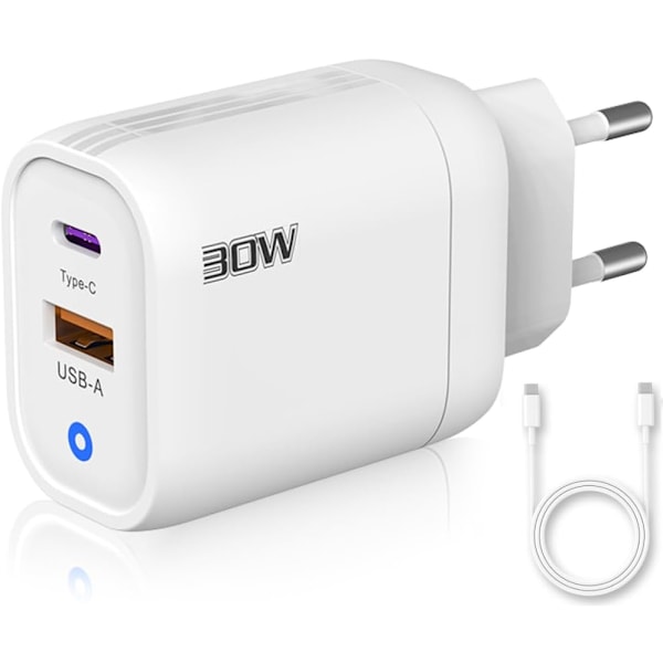 3-Stjerner | 30W USB-lader | USB-C Kabel | 2 Porter: USB-C + USB-A | QC 3.0 Hurtiglading | CE-Sertifisert | Kompatibel med Mange Enheter