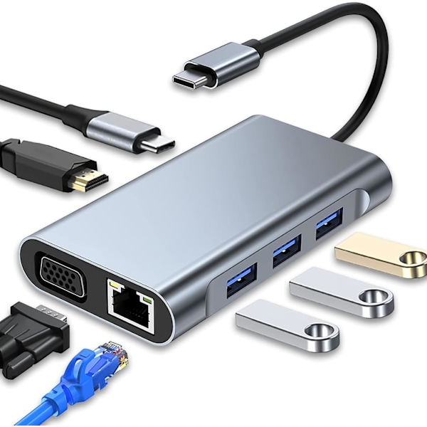7-i-1 USB C 3.0 Multiport Adapter med 4K, HDMI, VGA, 100W PD och RJ45 Ethernet, Kompatibel med MacBook Pro & Air USB C Type C Enheter
