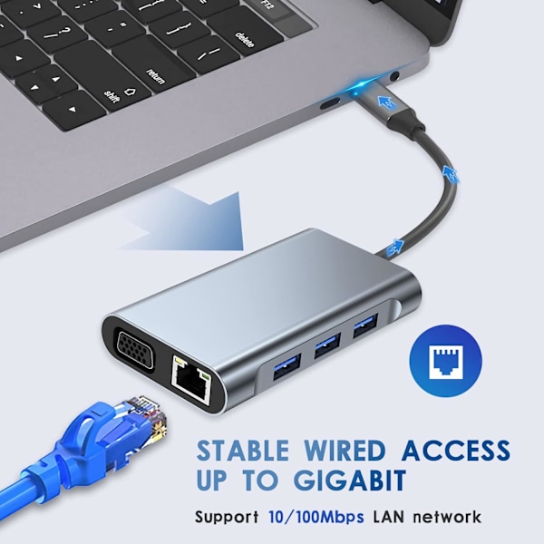 7-in-1 USB C 3.0 -moniporttisovitin 4K, HDMI, VGA, 100W PD ja RJ45 Ethernetillä, yhteensopiva MacBook Pro & Air USB C Type C -laitteiden kanssa