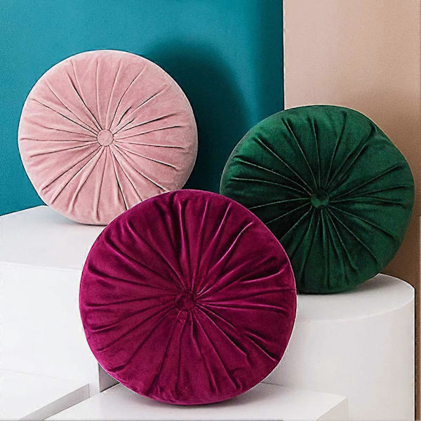 Rund Velvet Pute i Ensfarget, Pumpeform, Pleddpute, Hjemmedekor, Gulvmatte, Rosa