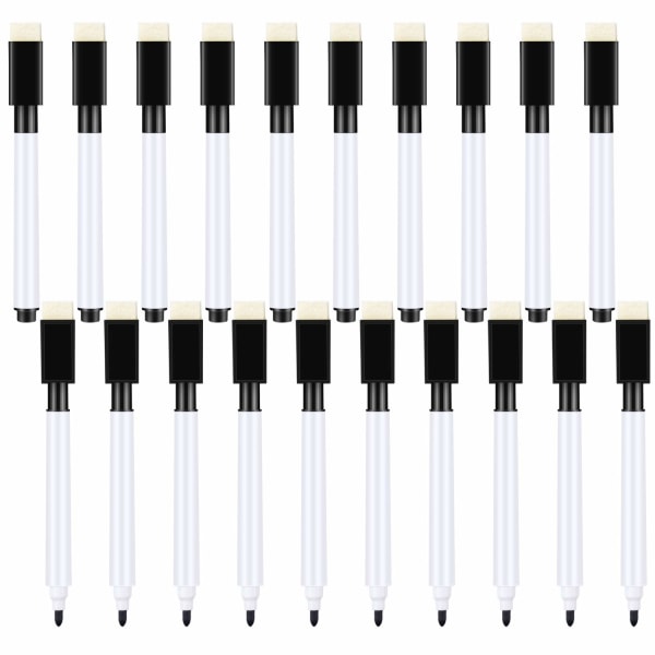 20 ST Små whiteboard-pennor-svart torrtavla whiteboard-markörpennor med suddgummi Whiteboard-penna med fin spets för barn (svart)