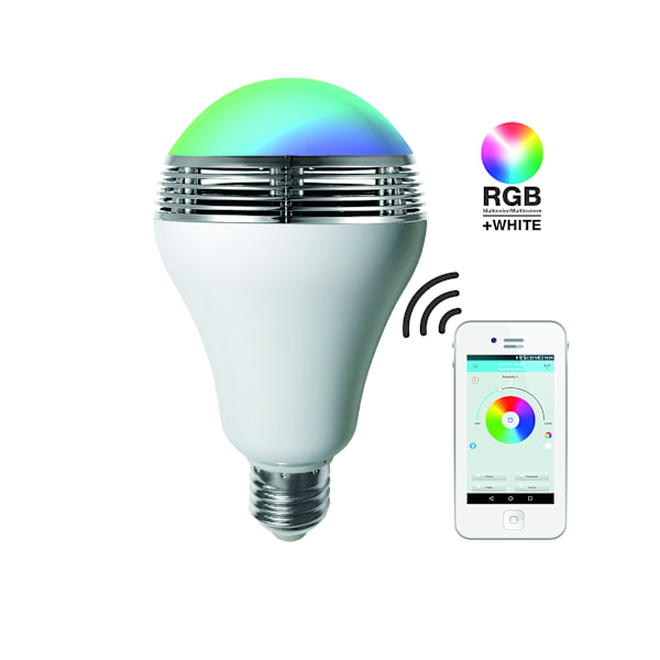 RGB LED -lamppu kaiuttimella E27, 12 W, valkoinen, 14 x 8 x 8 cm