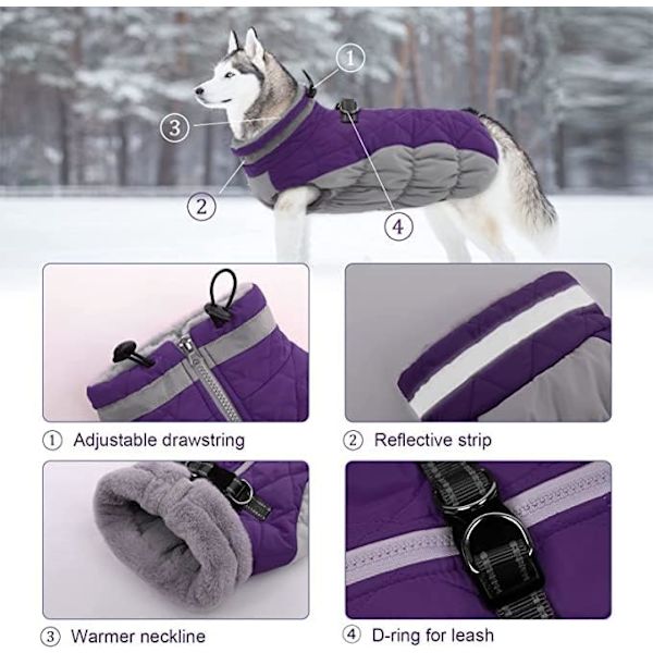 Vattentät Hundjacka för Små, Mellan och Stora Hundar, Reflekterande Kläder för Kallt Väder, Vindtät Fleecefodrad Väst med Sele, M Purple M