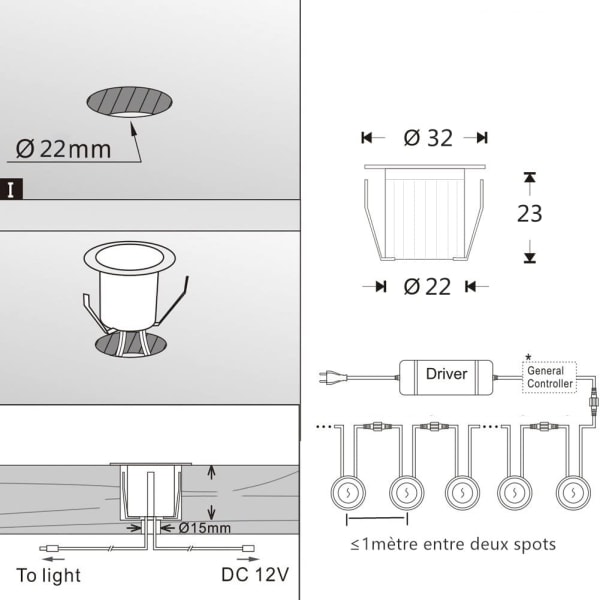 16 LED-upotetun valonheittimen pakkaus 0,6 W DC12V, lämmin valkoinen valo