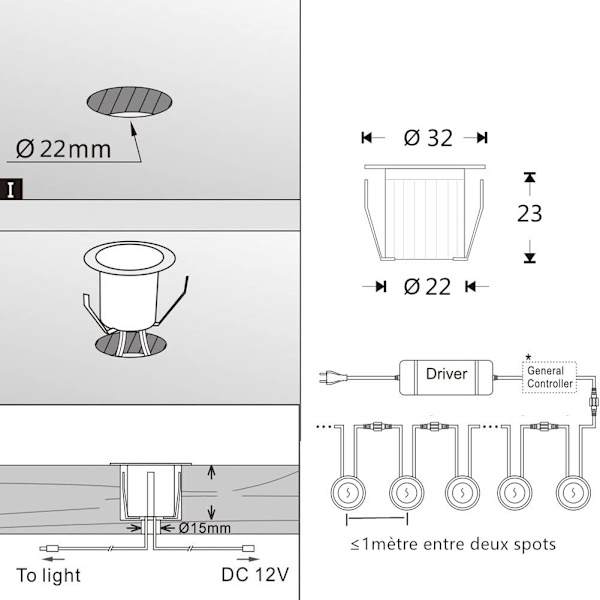 Pakke med 16 LED-indbyggede spotlights 0,6W DC12V, varmt hvidt lys