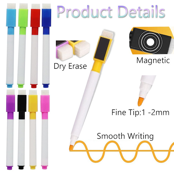Whiteboard-pennor - 8 färger magnetiska whiteboard-pennor och suddgummi-set - Fin spets torr radering whiteboard-pennor för släta ytor