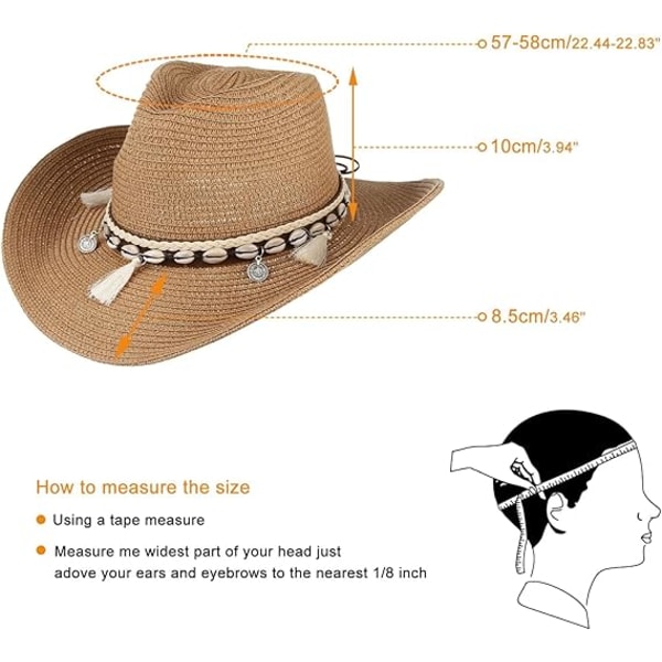 Sommerhatt i strå for kvinner - Cowboy/Cowgirl-hatt med bred brem, strandhatt i strå med skjellbånd, khaki