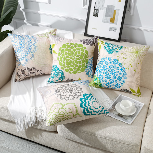 Putetrekk, Sett med 4 Lin Sofa Putetrekk for Stue Soverom Hjemmeinnredning, 45x45cm (Dahlia Blå og Grønn)